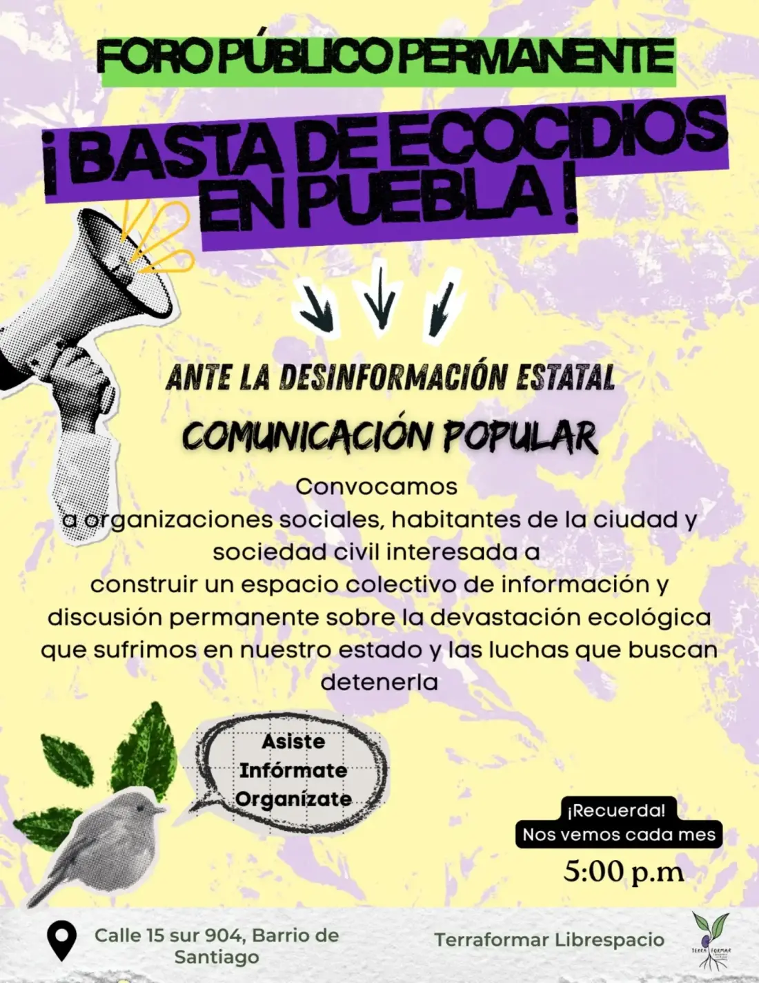 Cartel de la convocatoria: Foro Público Permanente — ¡Basta de ecocidios en Puebla!